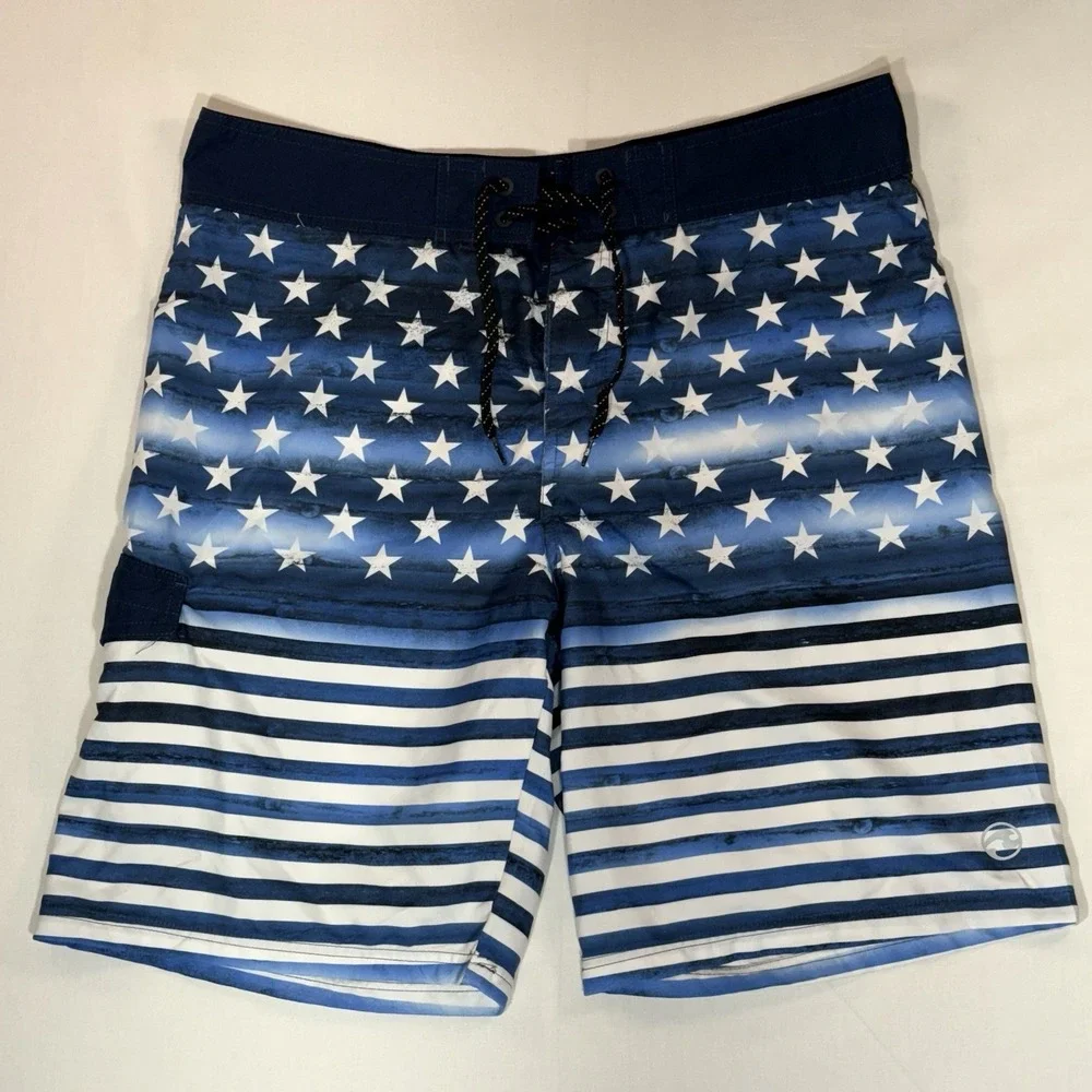Ocean Current Men's Shorts 36W x 9.5 Inseam Blue American Flag Stars‎ Patriotic